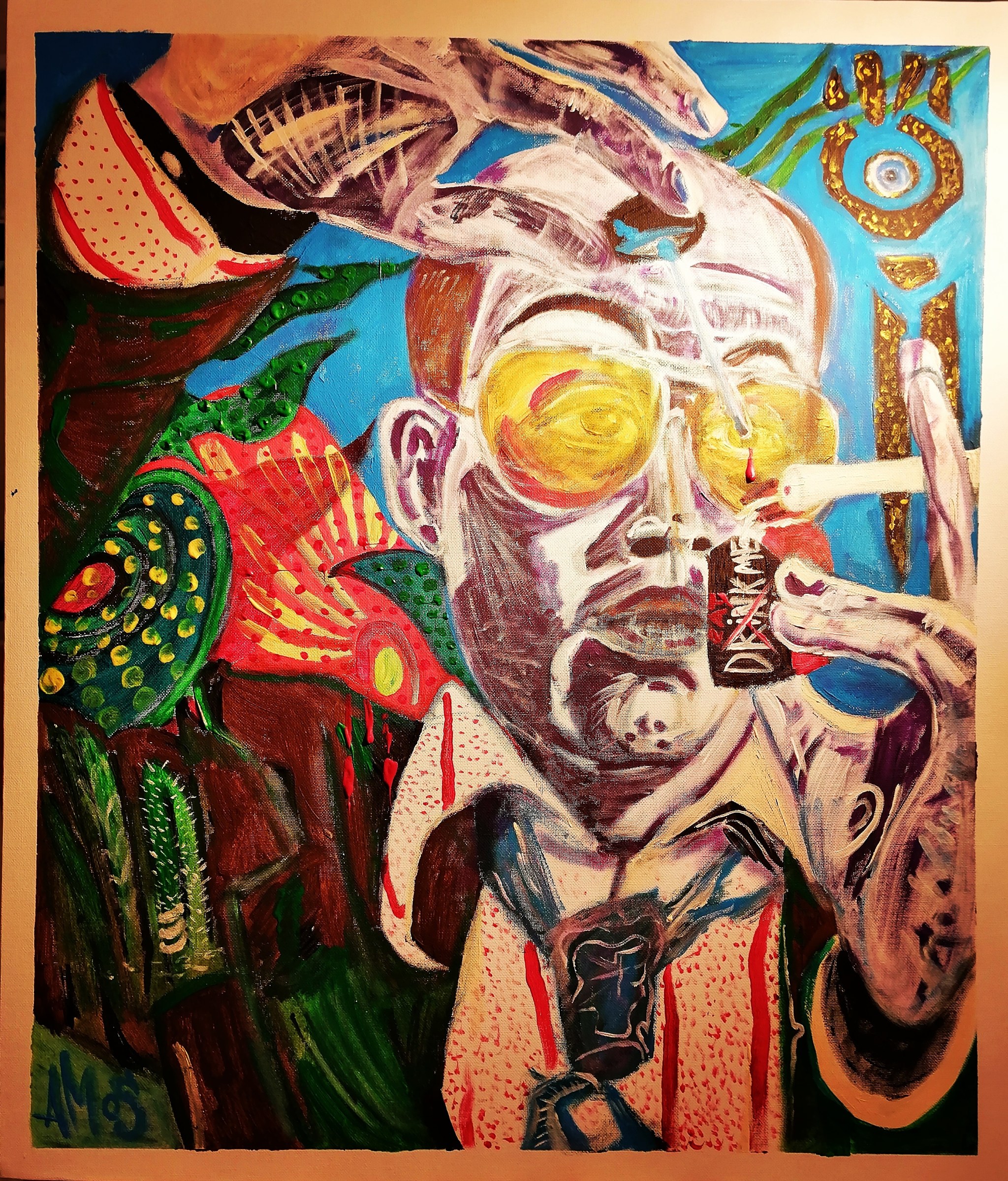 Hunter S Thompson, still from Fear in Las Vegas flavored with hallucinations, as I imagine them) acrylic - My, Fear and Loathing in Las Vegas, Hunter Thompson, LSD, Gonzo, Dr. Gonzo, Acrylic, Painting, Bat