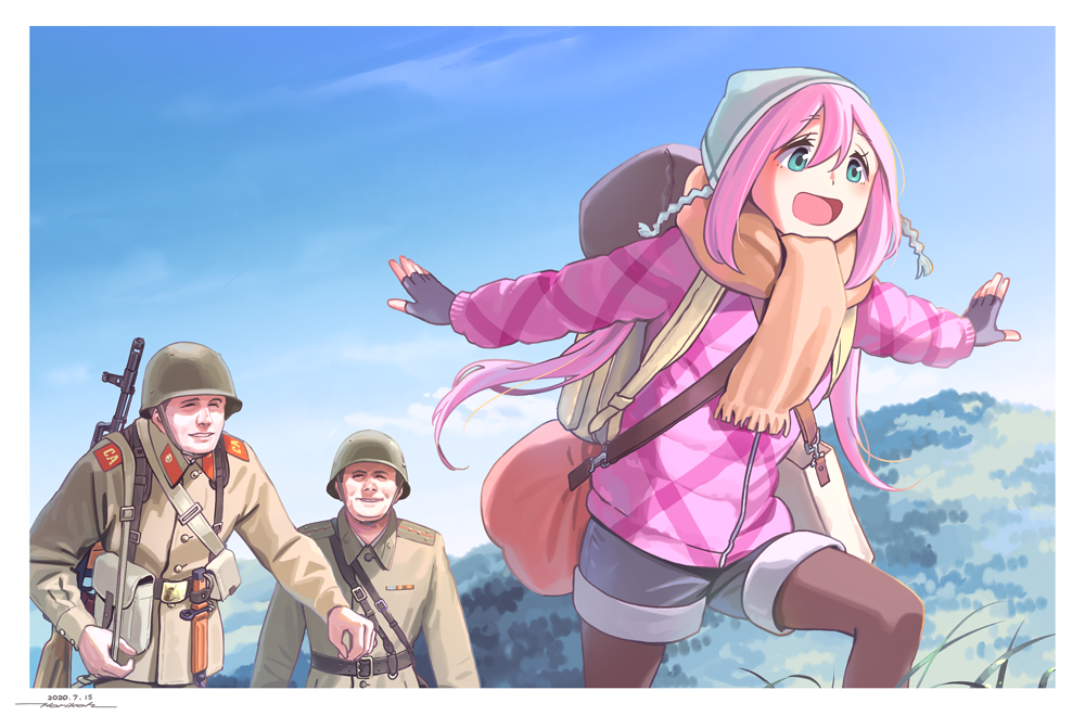 An artist from Tokyo draws crossovers with heroines of the anime Yuru Camp and soldiers of the Soviet Army - Yuru camp, the USSR, Soviet army, Japan, Anime, Anime art, Twitter, Longpost, Chiaki Oogaki, Kagamihara nadeshiko, Shima Rin