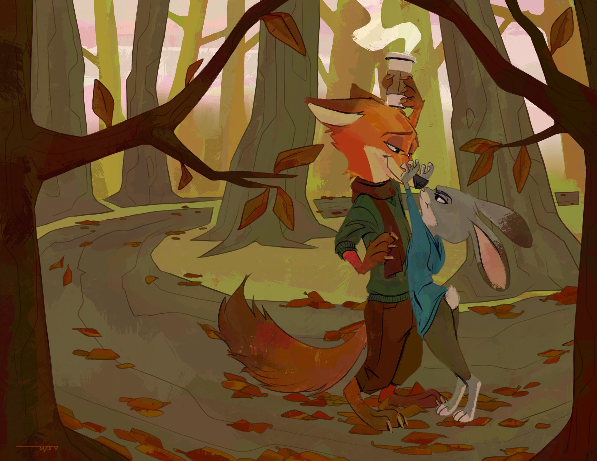 With the first day of autumn! - Zootopia, Nick and Judy, Nick wilde, Judy hopps, Autumn, Forest, Art, Samur Shalem
