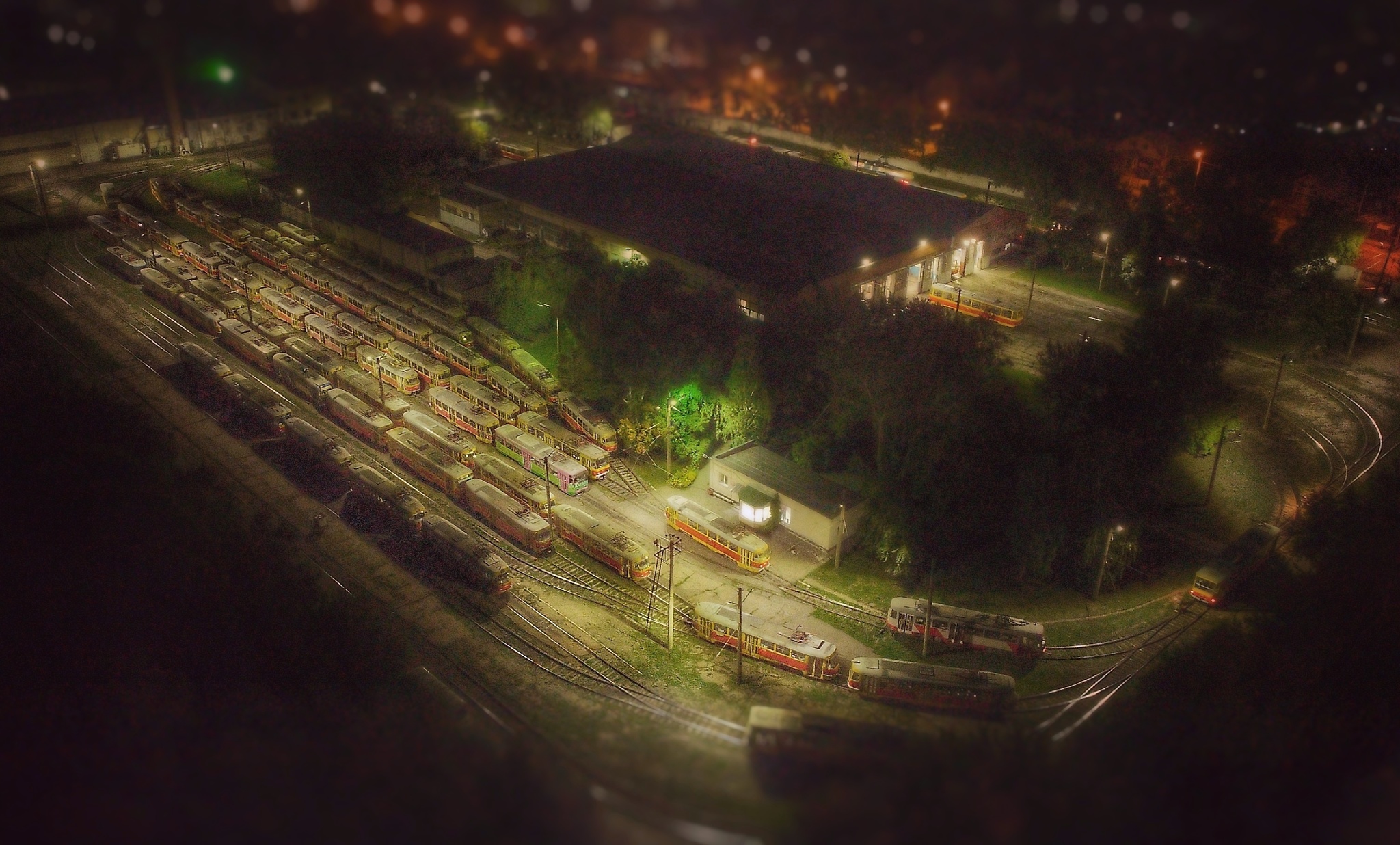 The place where trams sleep - My, The photo, Depot, Tram, Night, Quadcopter, Fuck aesthetics