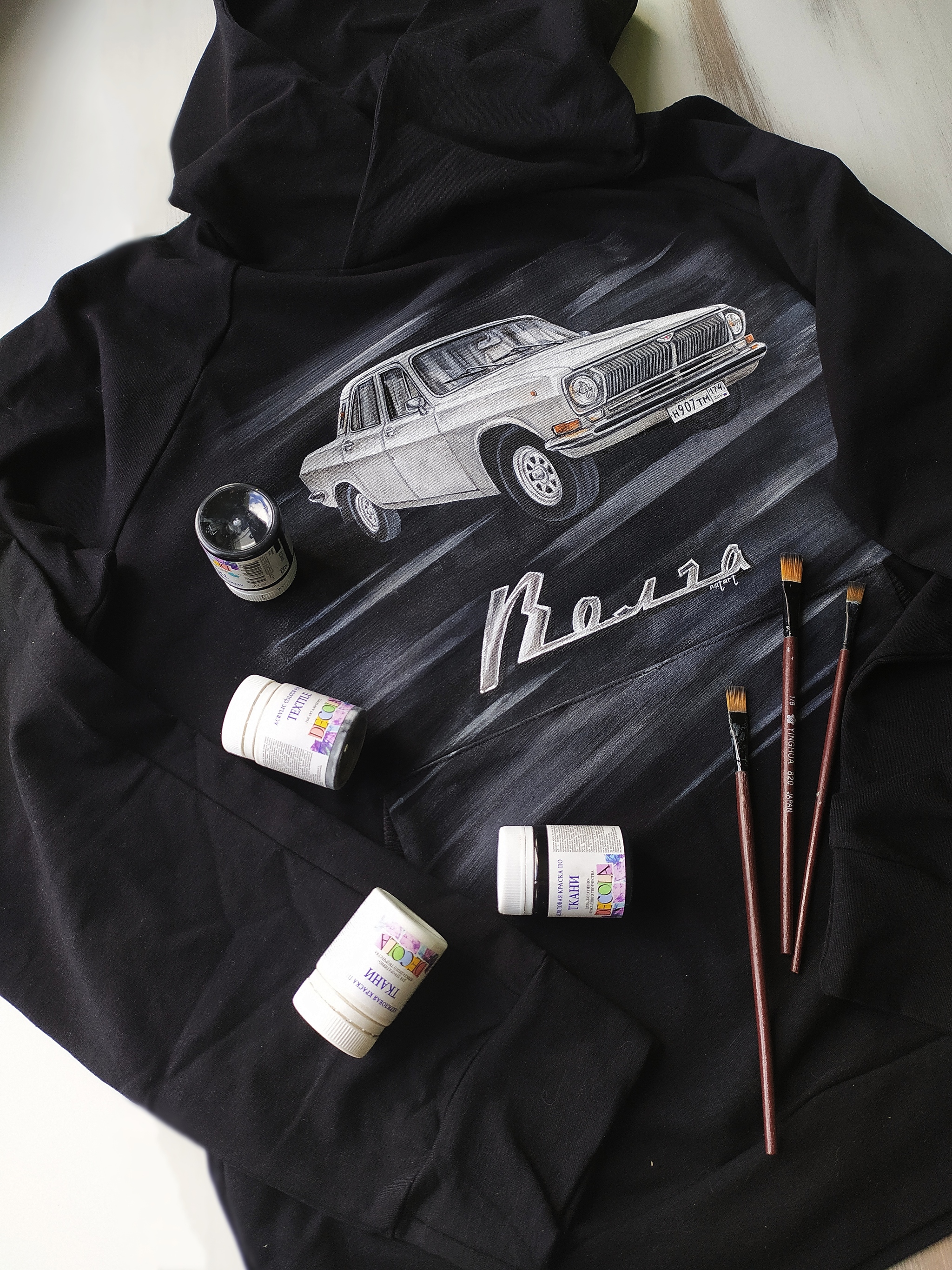 Black sweatshirt with white Volga - My, Volga, Gas, Handmade, With your own hands, Painting on fabric, Auto, Car, Automotive classic, Longpost