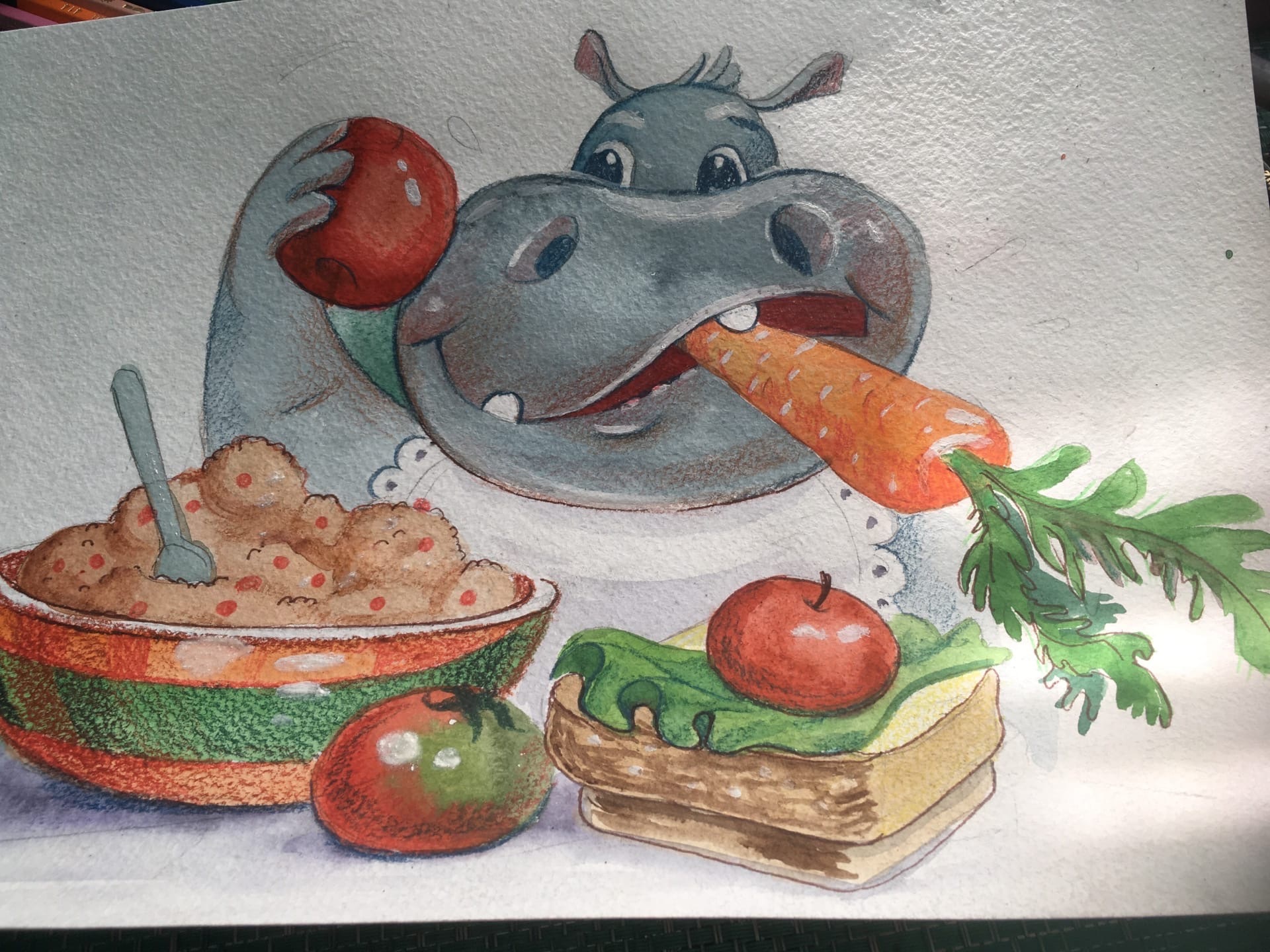 And then the hippopotamus called... - My, Illustrations, Children's fairy tales, Cake, hippopotamus, Longpost