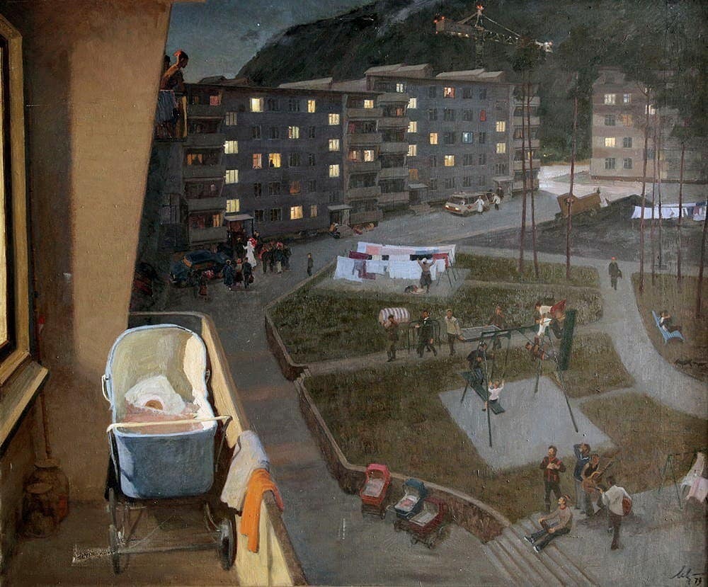 Evening in Sayan Cheryomushki - Art, Painting, Khakassia, Sayan, Evening, Baby carriage, The street