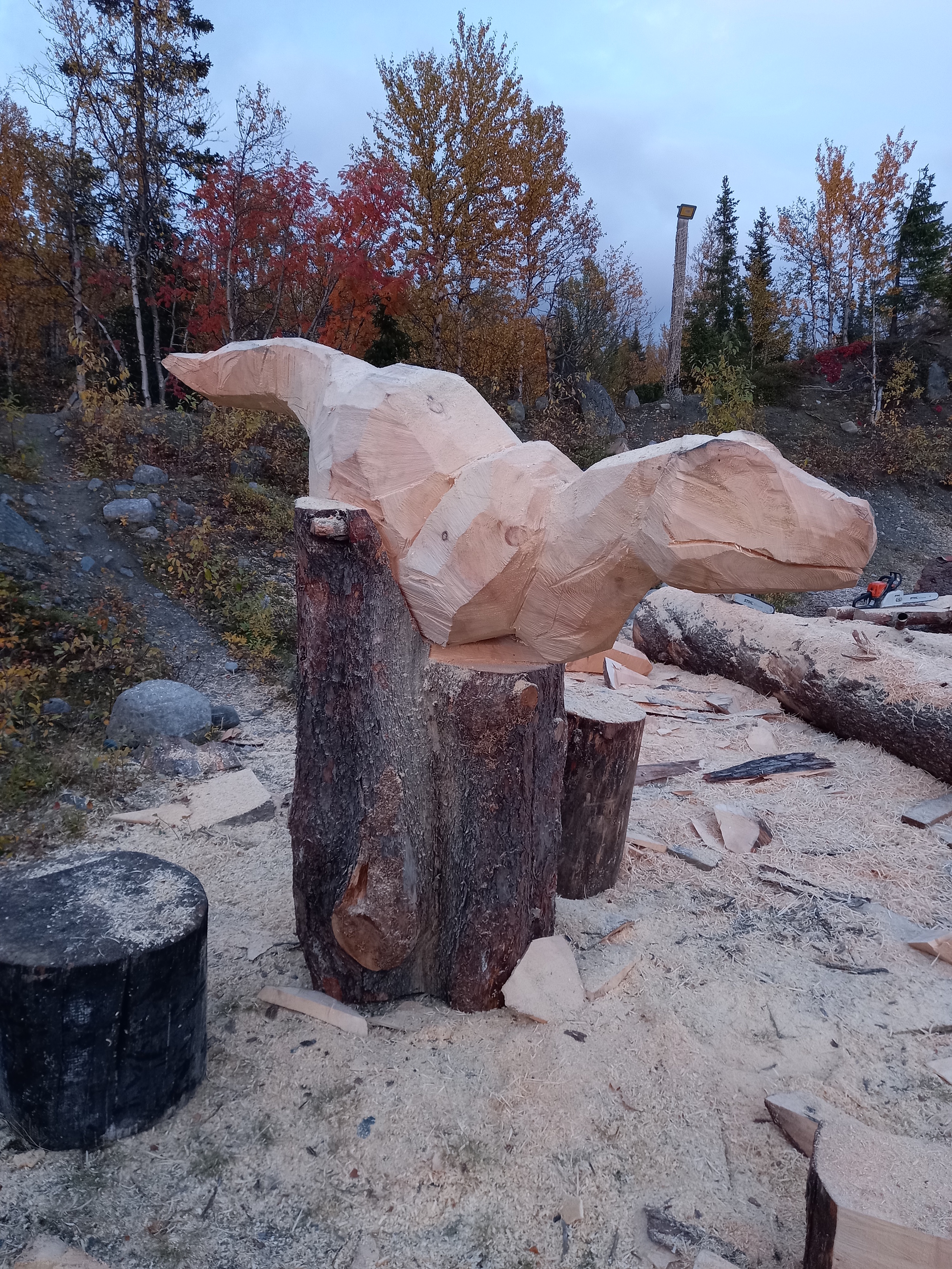 The era of dinosaurs in the Arctic. Chainsaw carving - My, Wood carving, Thread, Wood sculpture, Tree, Carving, Woodworking, The photo, Dinosaurs, Longpost, Video