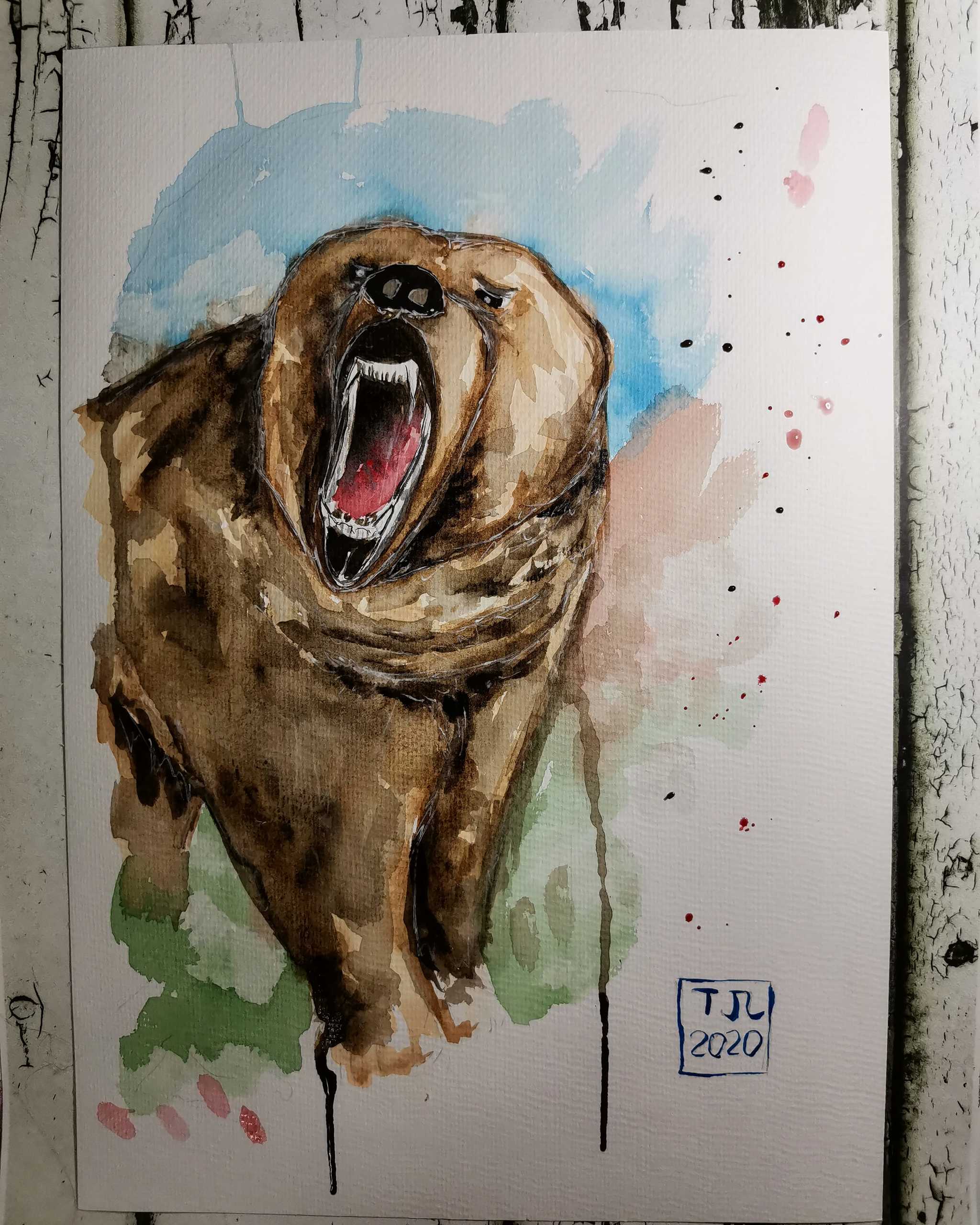 Snake. Bear - My, Learning to draw, Drawing, Watercolor