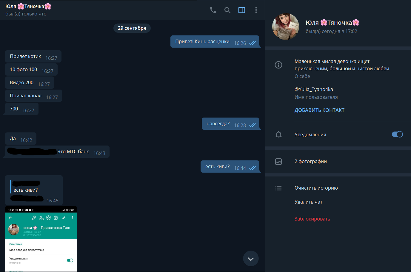 How do they scam money on telegram or who is Yulia Tyanochka? - NSFW, My, Negative, Telegram, Fake, Scam, Girls, Longpost, Divorce for money, Screenshot, Correspondence