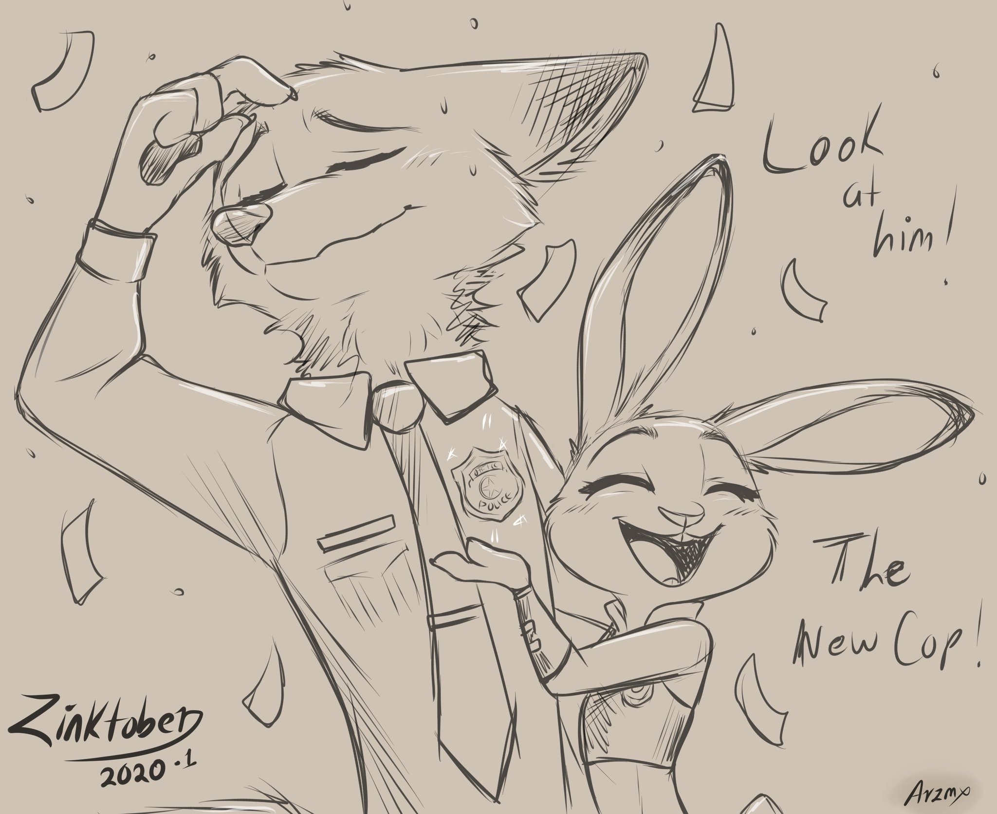 Zinktober - 2020. Day 1: Badge - Zootopia, Judy hopps, Nick wilde, Nick and Judy, Sketch, Inktober, Longpost, Zinktober