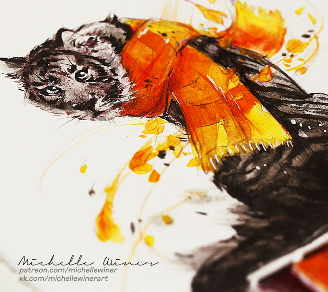 Autumn tiger - My, Drawing, Tiger, Watercolor, Video, Art, Traditional art, Longpost