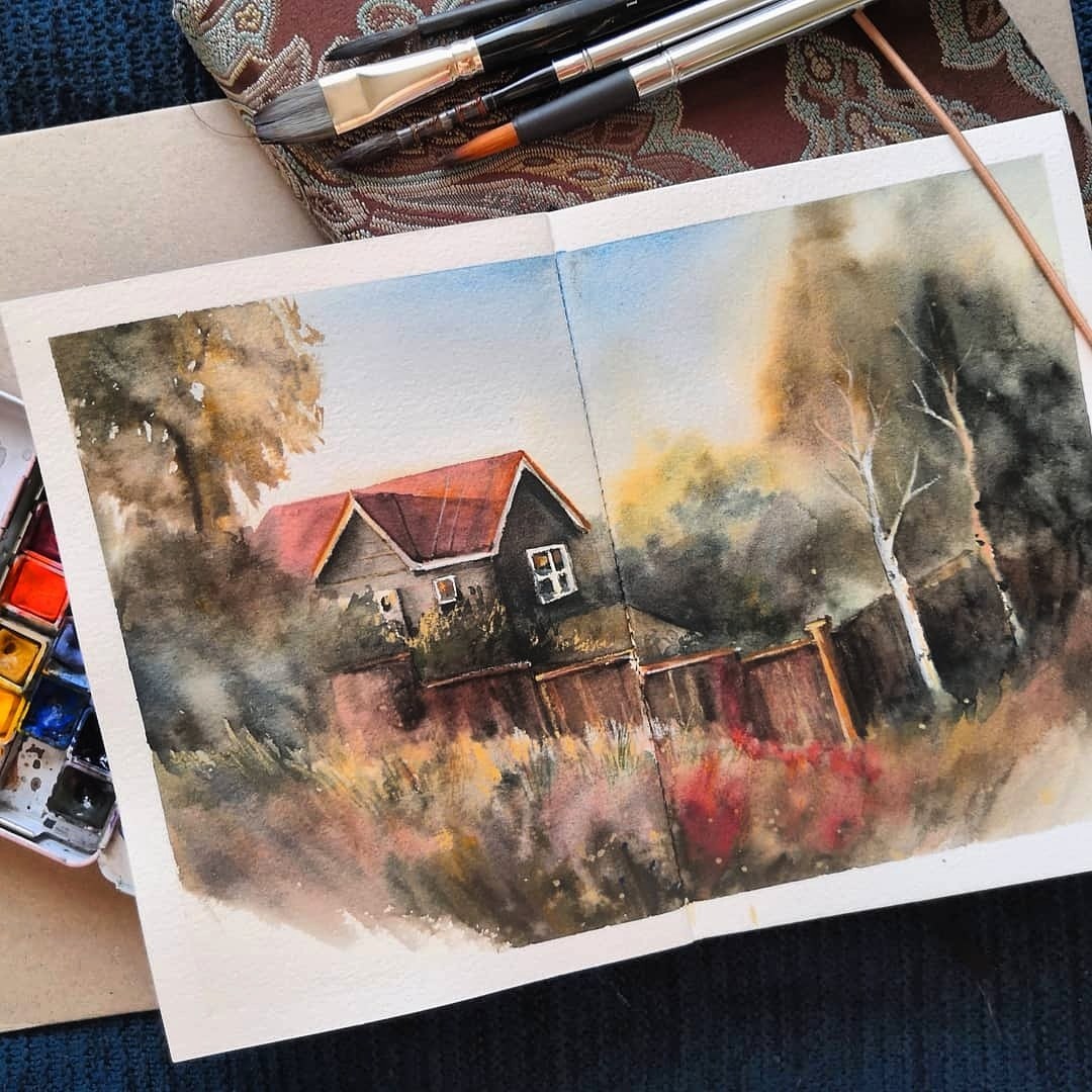 Autumn time - My, Watercolor, Landscape, Sketchbook, Art