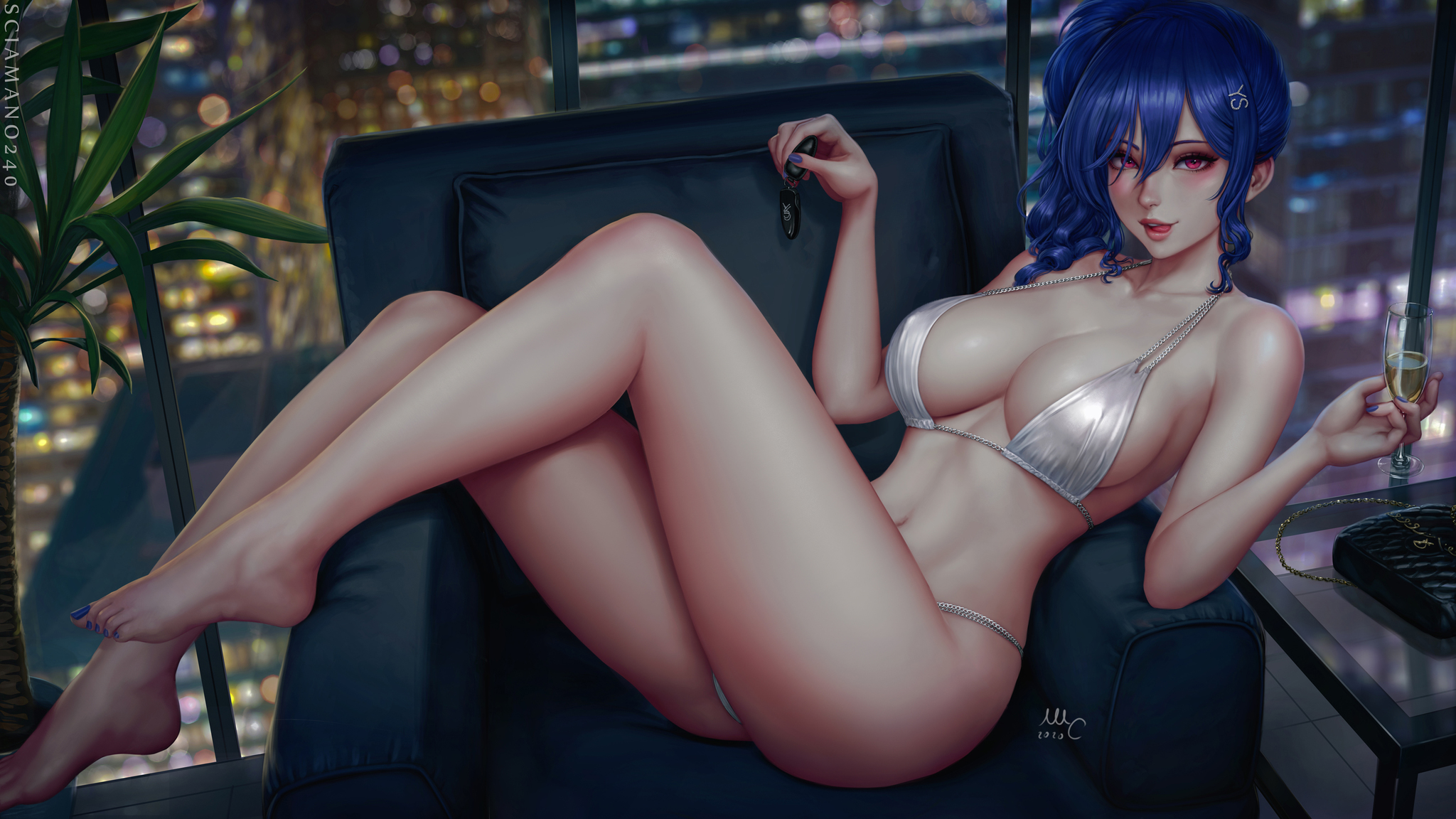 The night will be long... - NSFW, Art, Anime art, Azur lane, St louis, Girls, Erotic, Hand-drawn erotica, Game art, Underwear, Boobs, Naked, Armchair, Sciamano240, Longpost