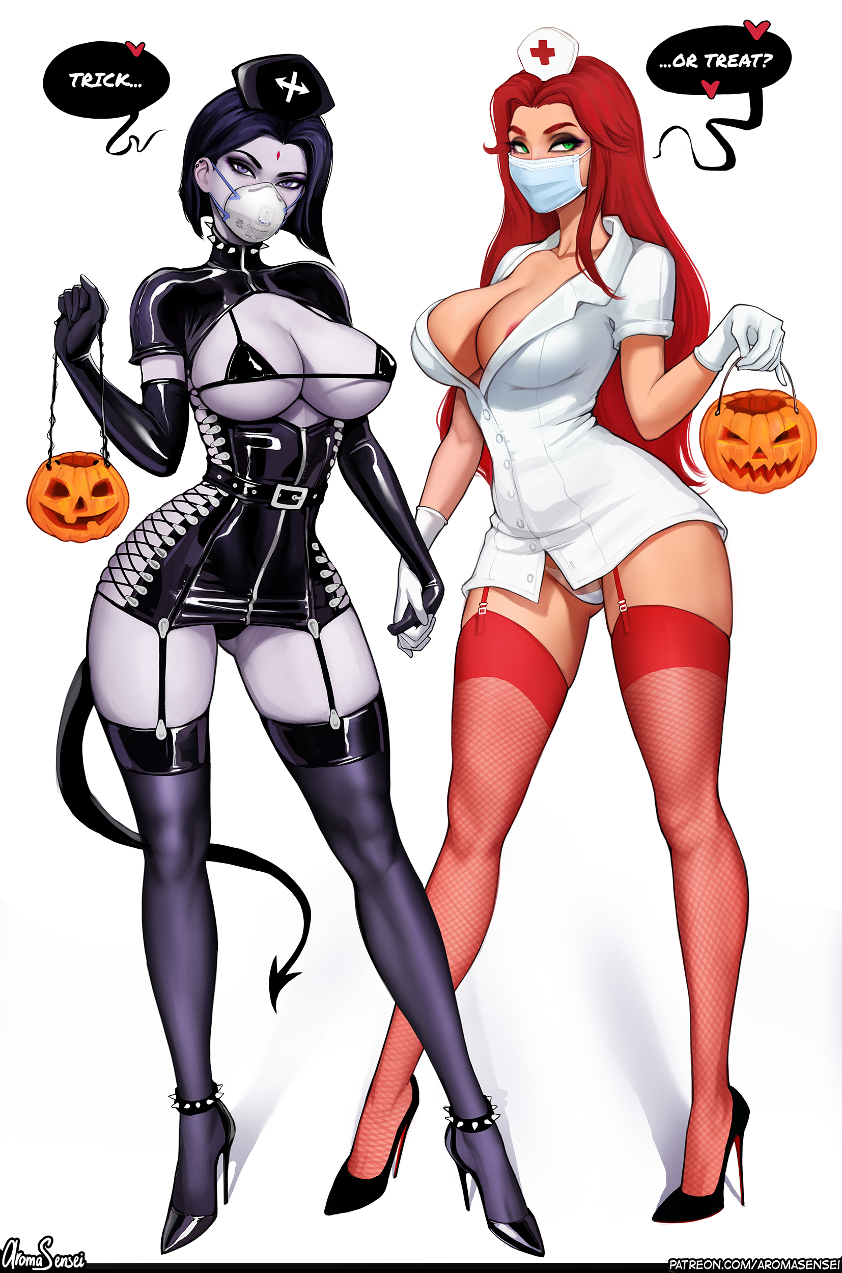 Sweetness or passion? - NSFW, Art, Girls, Erotic, Longpost, Aromasensei, Teen titans, Raven, Starfire, Dc comics, Halloween