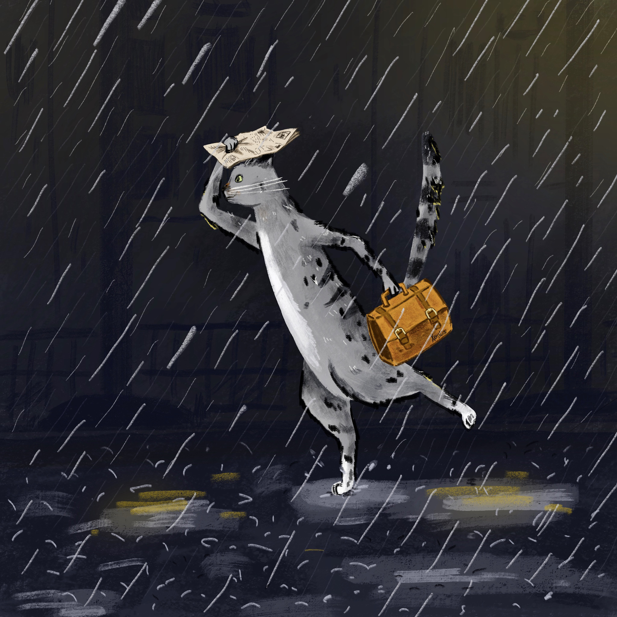 Under rain - My, cat, Drawing, Digital drawing, Rain, Animals