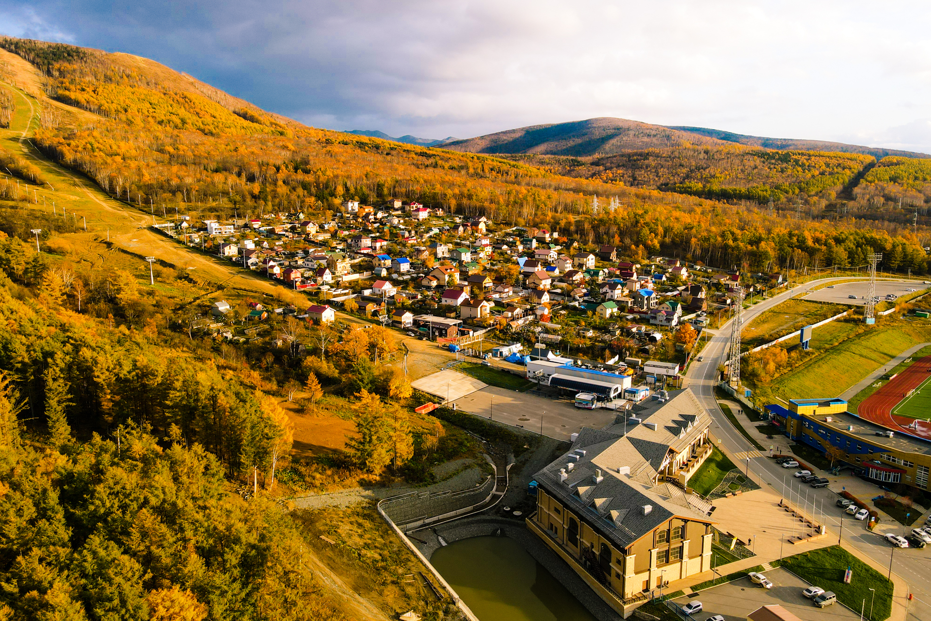 Southern in the sunset - My, Town, Drone, Yuzhno-Sakhalinsk, Sunset, Landscape, Longpost, Quadcopter