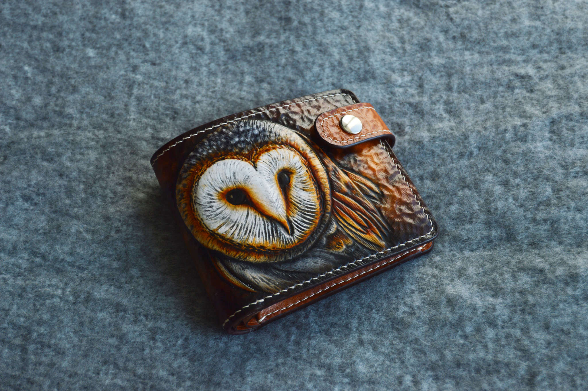 Short wallet with barn owl embossing - My, Owl, Barn owl, Wallet, Leather, Embossing on leather, Needlework without process, Longpost