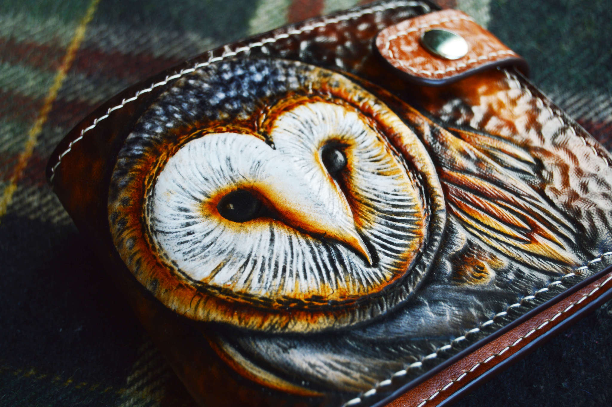 Short wallet with barn owl embossing - My, Owl, Barn owl, Wallet, Leather, Embossing on leather, Needlework without process, Longpost