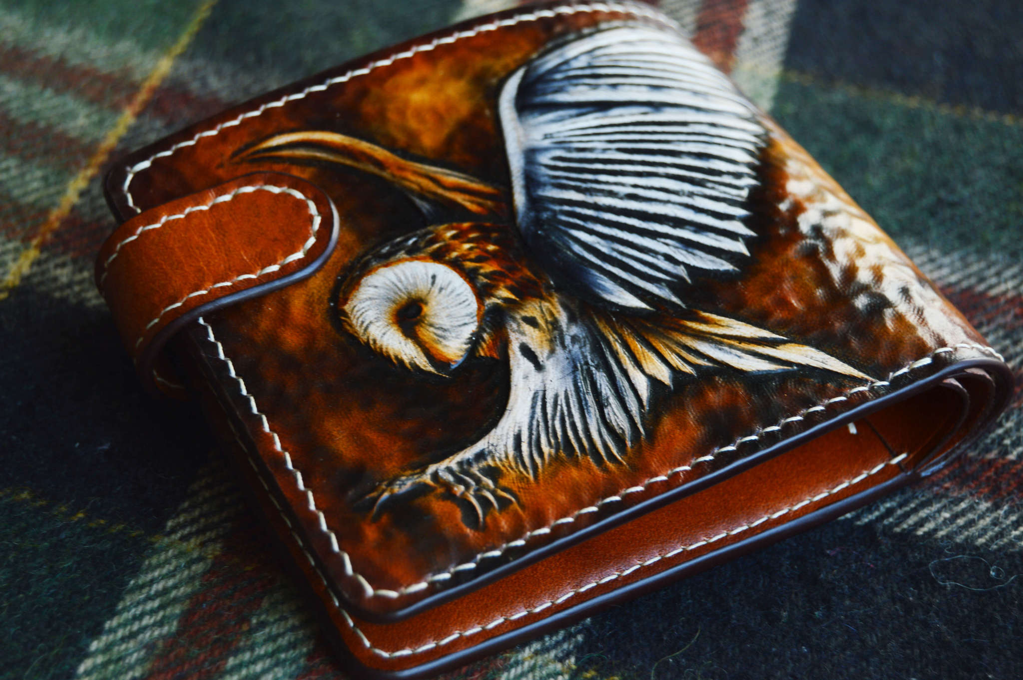 Short wallet with barn owl embossing - My, Owl, Barn owl, Wallet, Leather, Embossing on leather, Needlework without process, Longpost