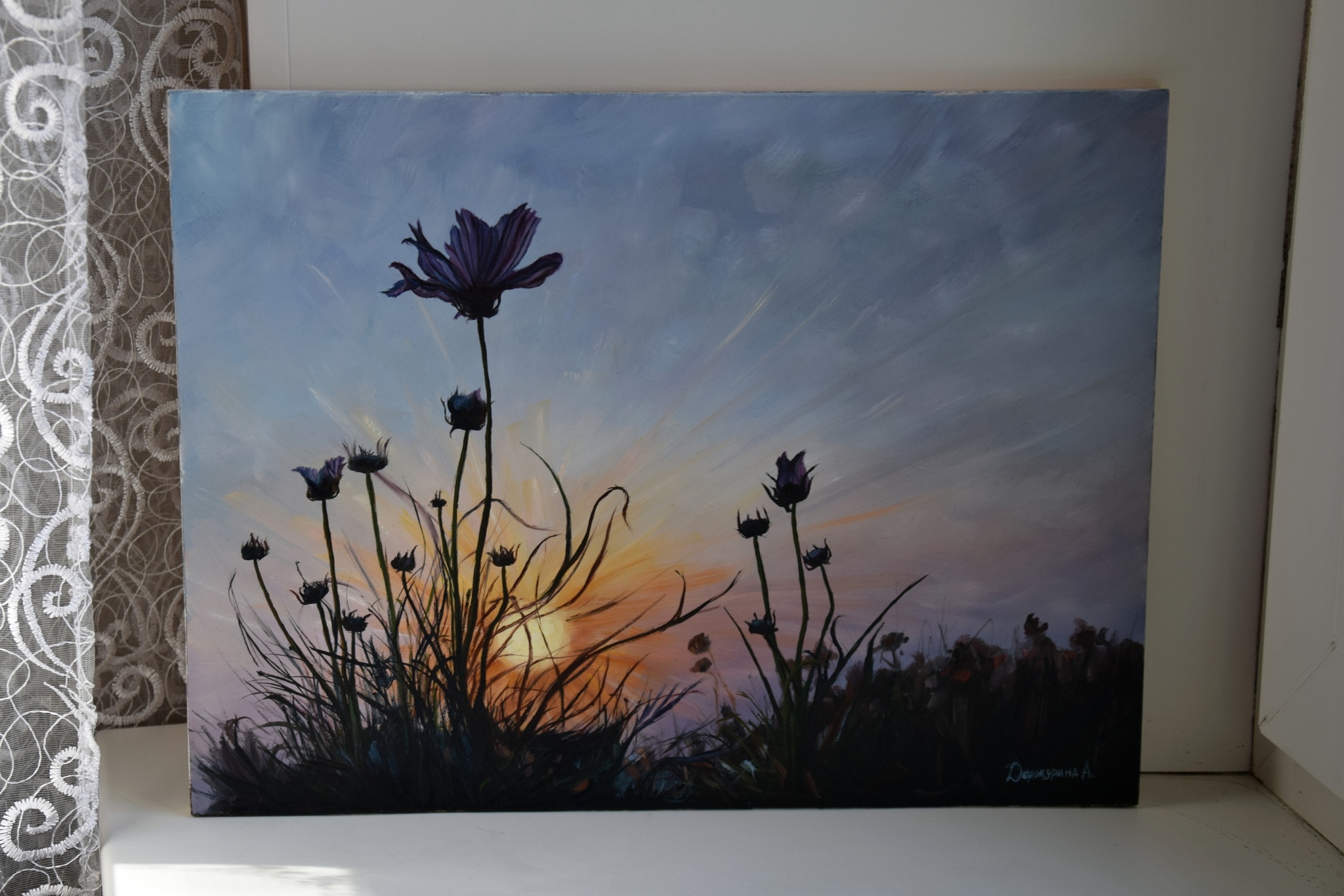 Flowers at sunset - My, Painting, Wildflowers, Sunset, Oil painting