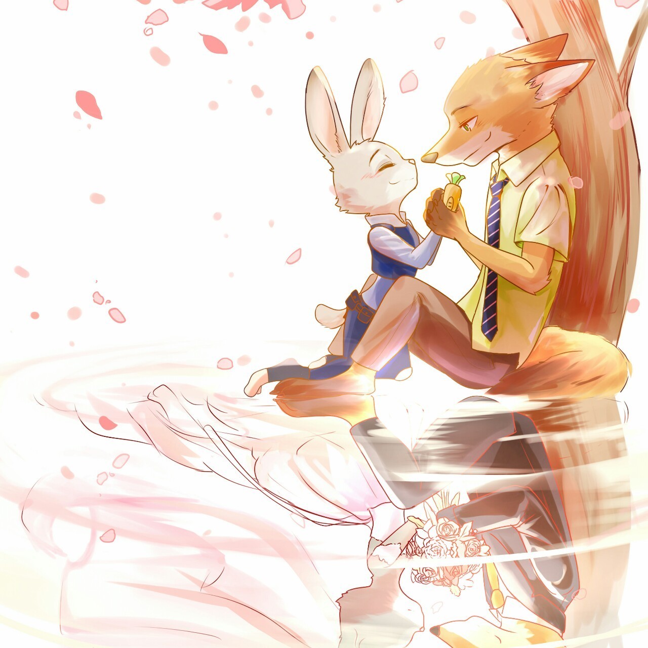 Under the shade of sakura - Zootopia, Nick and Judy, Nick wilde, Judy hopps, Romance, Reflection, Art