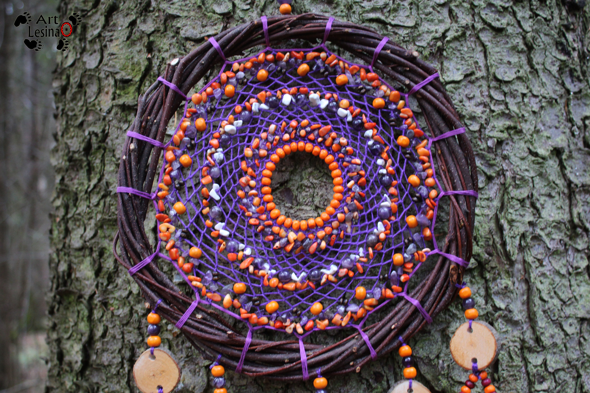 Dream catcher Algiz with amethyst, coral and cacholong, 54 cm - My, Dreamcatcher, Needlework, Needlework without process, Indians, Runes, Presents, Longpost