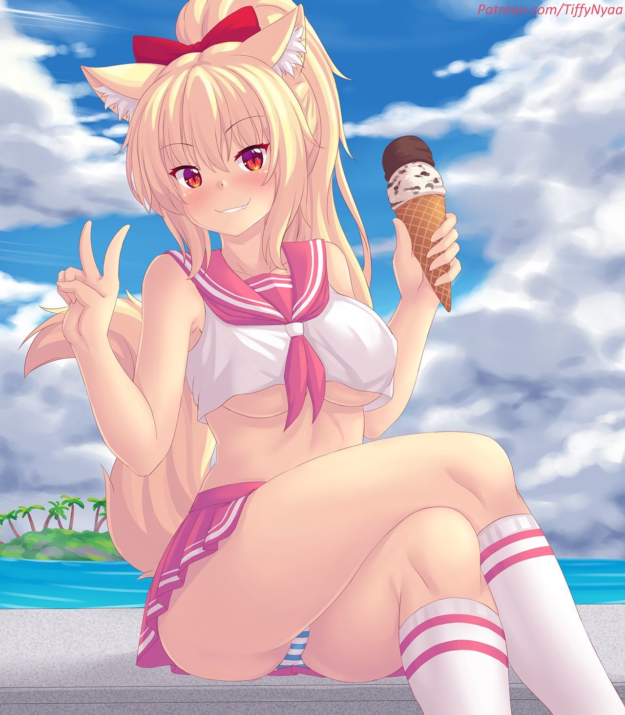 Tiffy - NSFW, Anime art, Original character, Animal ears, Pantsu, Tiffy, Anime, Fastrunner2024, Tail, Beautiful girl, Ice cream, Breast