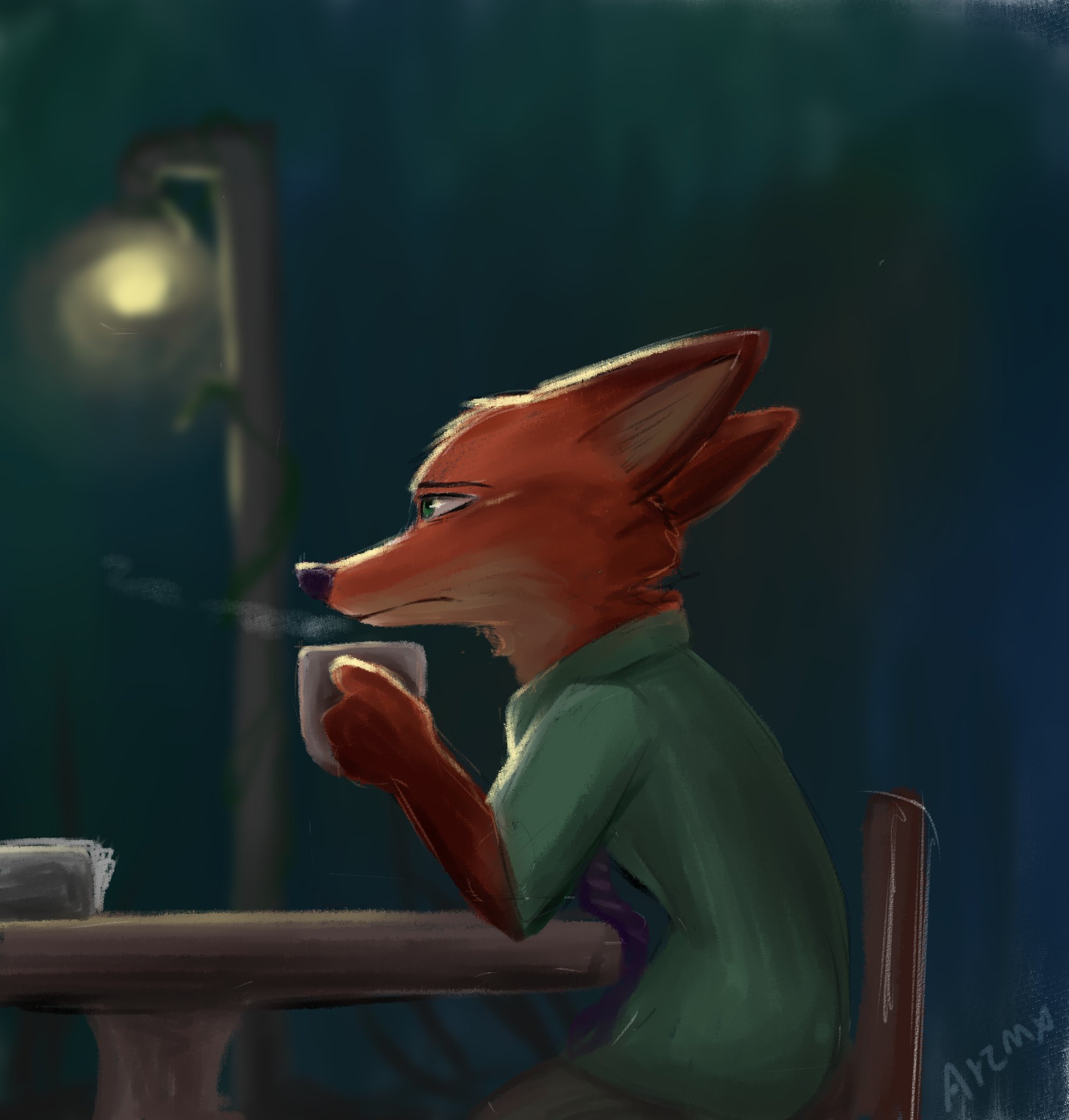 Задумчивый лис - Зверополис, Nick Wilde, Кофе, Вечер, Задумчивость, Меланхолия, Арт, Фан-Арт