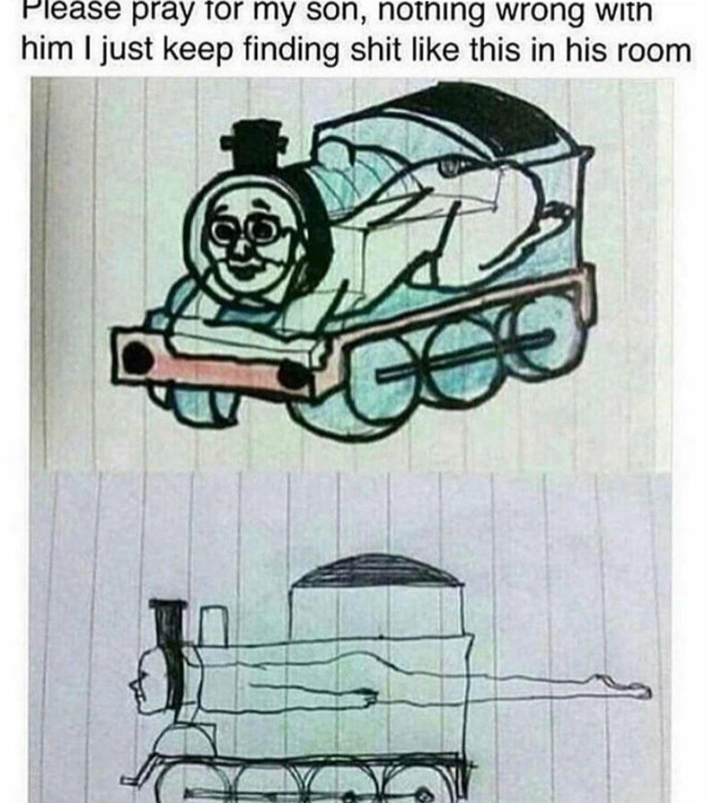 Please pray for my son, he is fine but I keep finding this crap in his room (translation) - Reddit, Oddities, Children, Thomas the Tank Engine