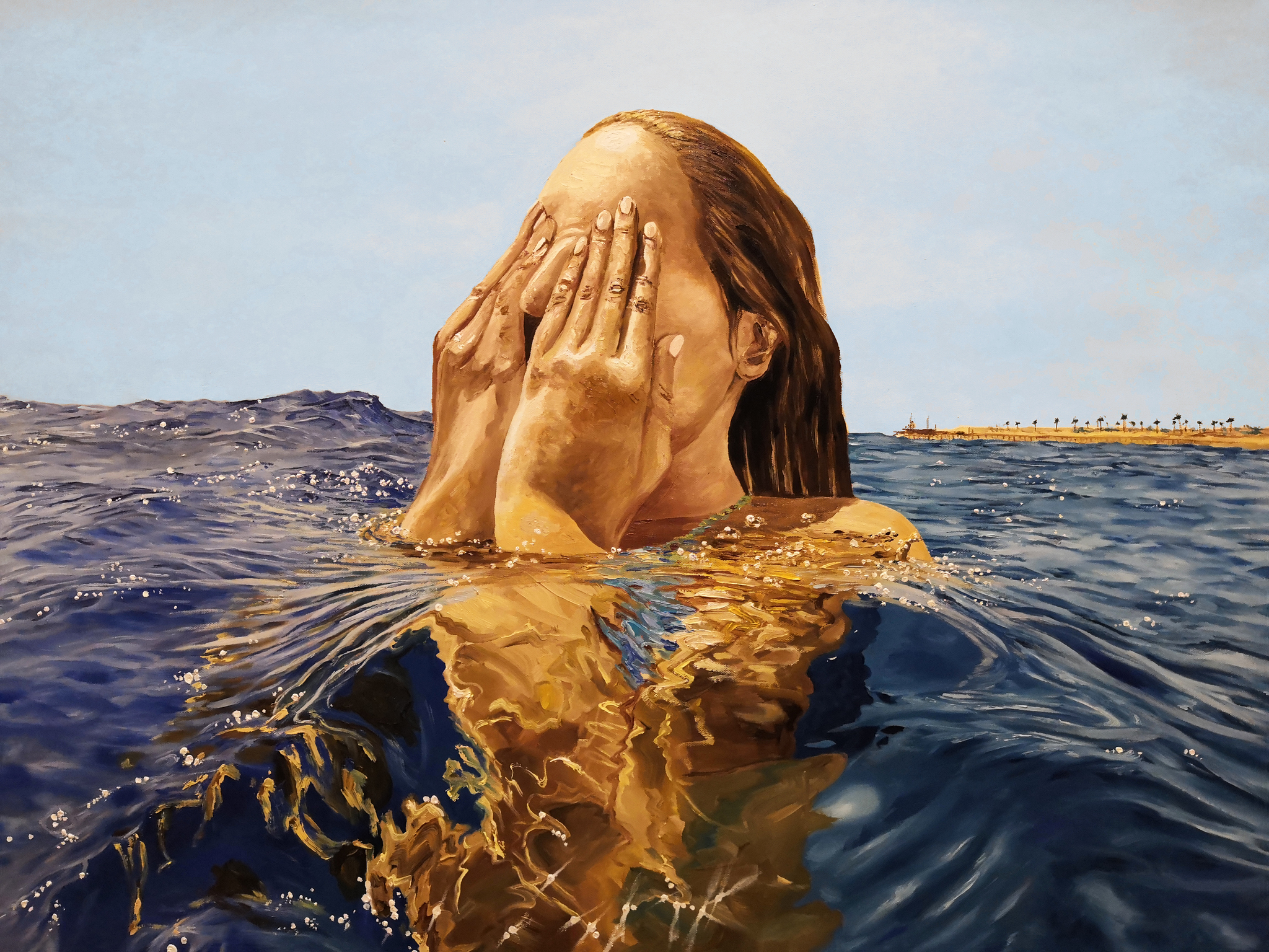 From under the water. Canvas, oil. 100x80 cm. 2020 - My, Painting, Oil painting, Water, Swimming, Sea, Girls