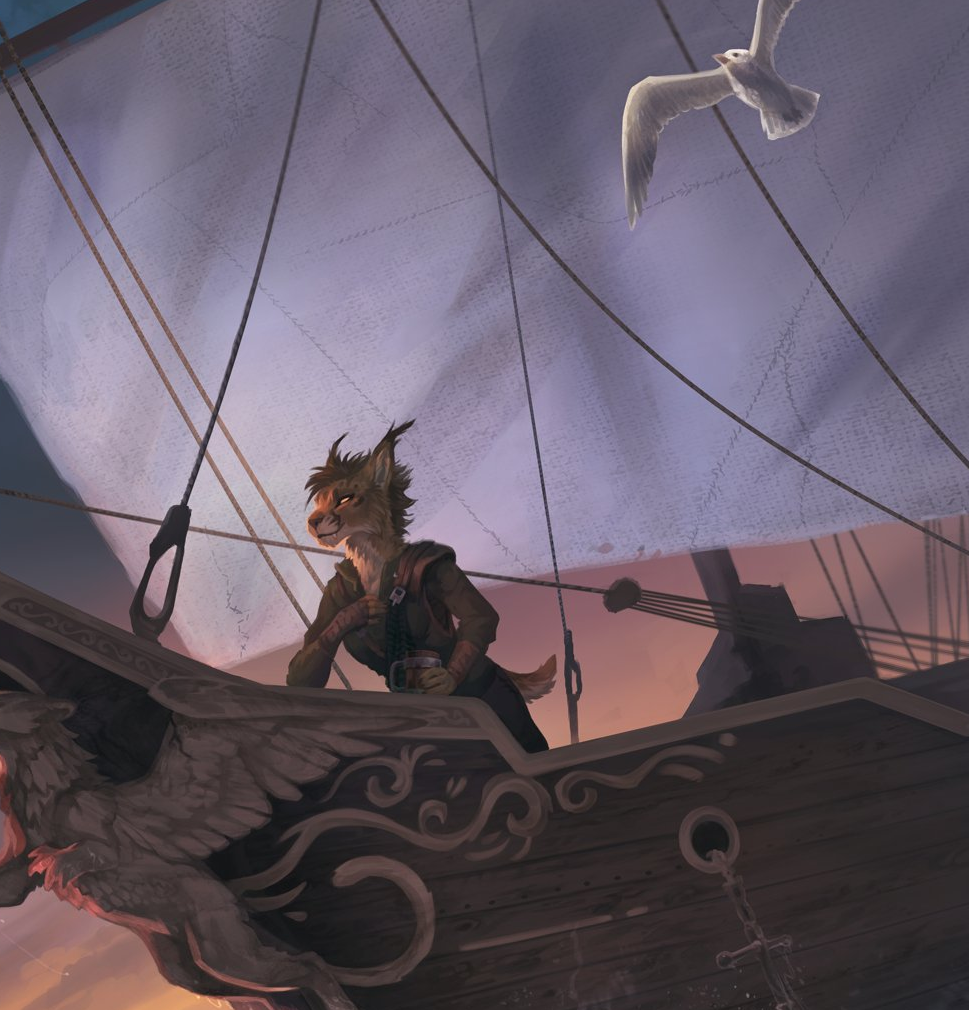 Wind of adventure - Furry, Art, Sea, Ship, Birds, Landscape, Sunset, Tatiilange, Furry feline