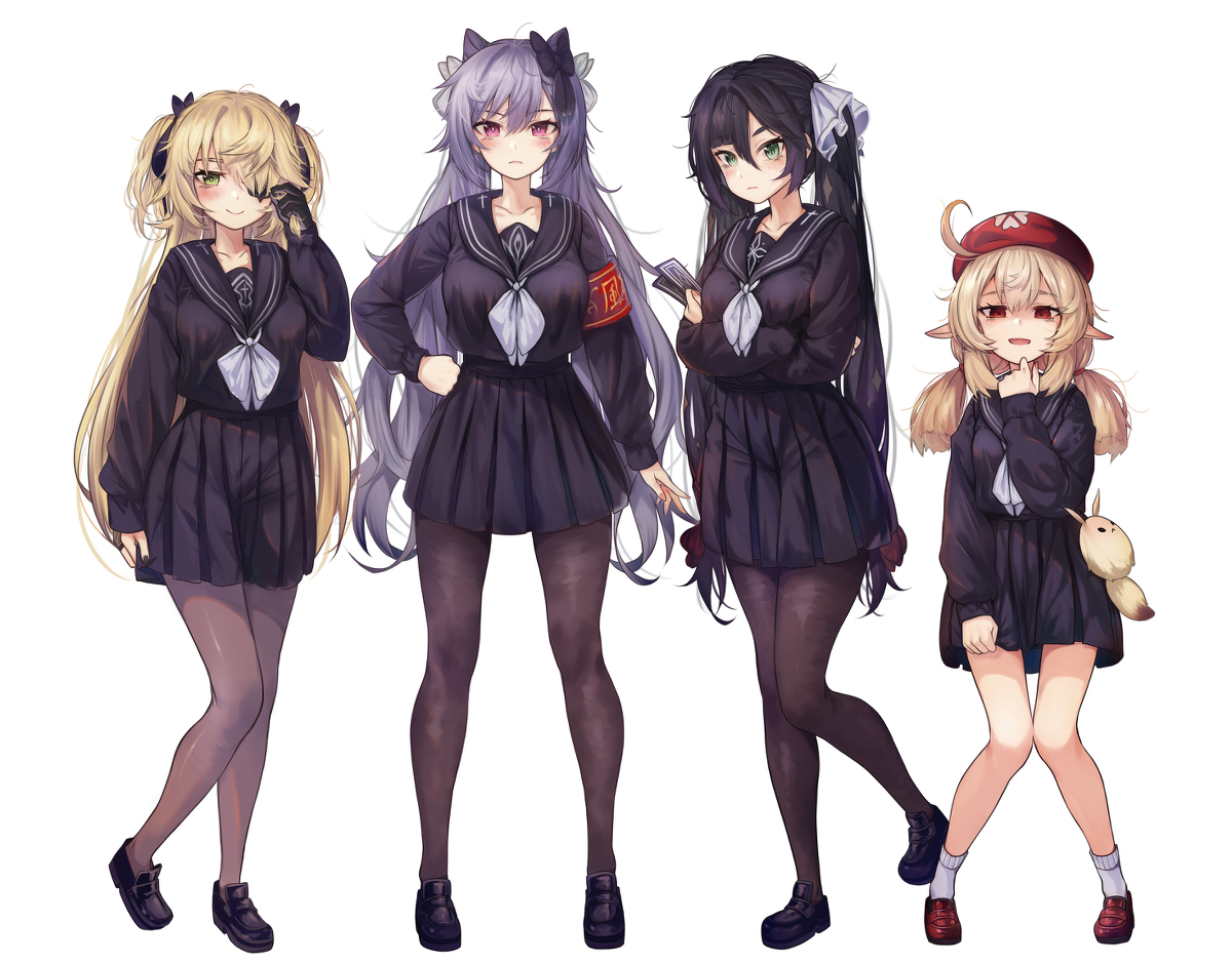 Art by torriet - Anime art, Anime, Fischl (Genshin Impact), Keqing (Genshin Impact), Klee (Genshin Impact), Mona (genshin impact), Genshin impact, Doki Doki Literature Club, Crossover, Torriet, Longpost