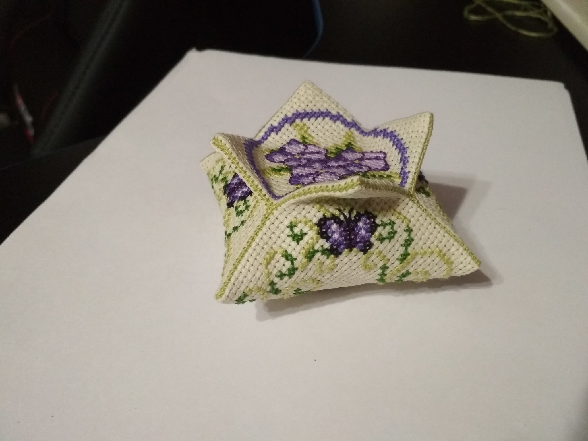 Biscornu tulip with violets - My, Cross-stitch, Needlework, Needlework with process, Biscornu, Longpost