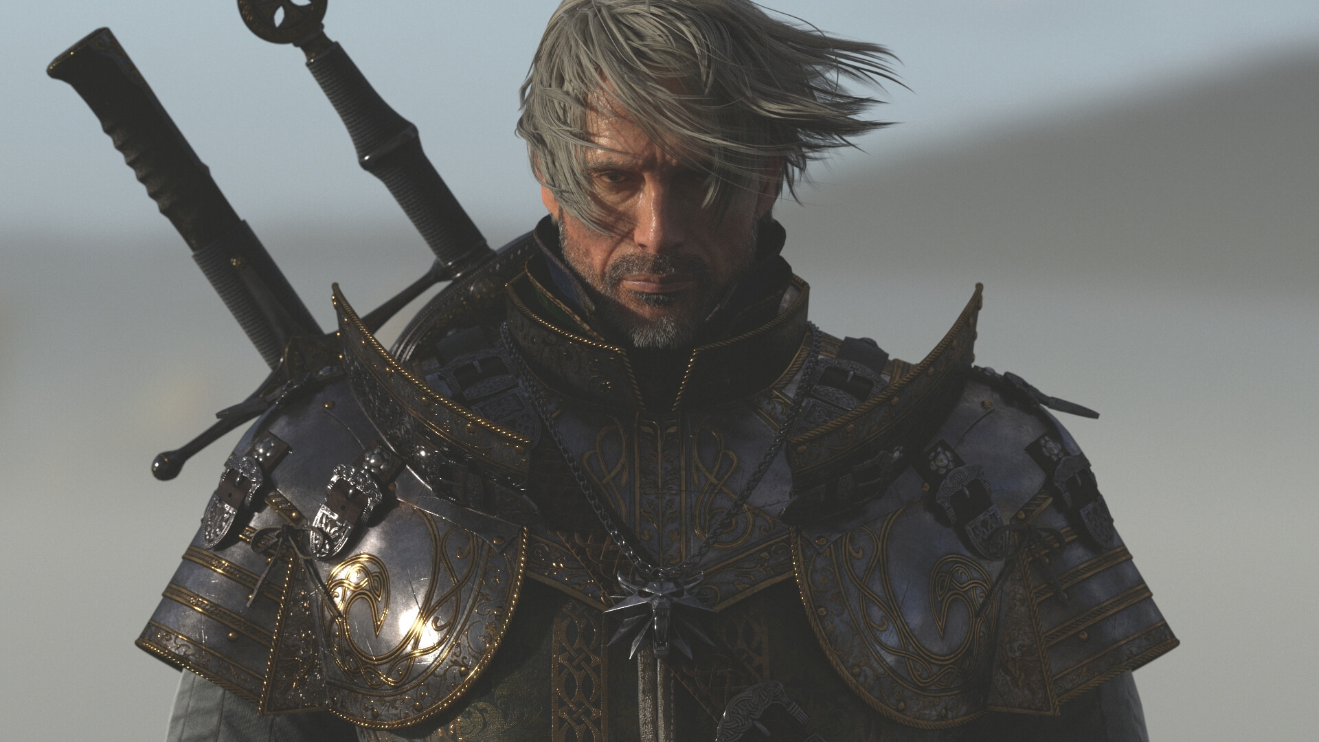 Mads Mikkelsen as Geralt - Art, Render, 3D, 3D modeling, Witcher, Geralt of Rivia, Mads Mikkelsen, Longpost, Actors and actresses