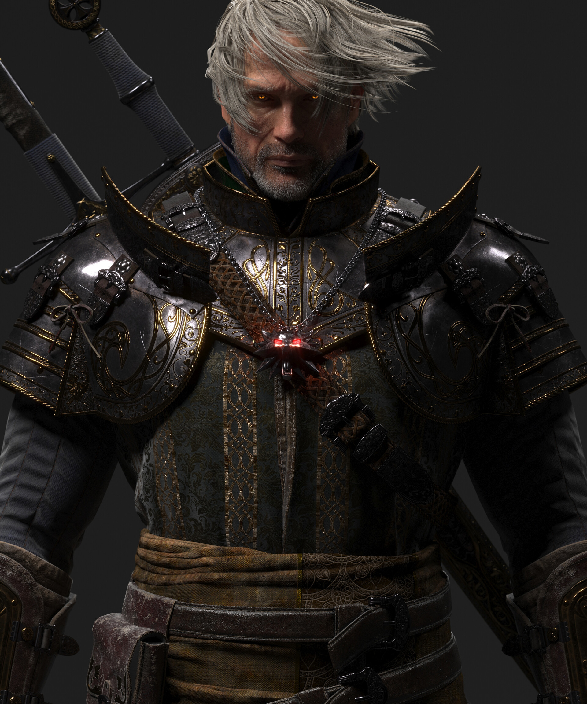 Mads Mikkelsen as Geralt - Art, Render, 3D, 3D modeling, Witcher, Geralt of Rivia, Mads Mikkelsen, Longpost, Actors and actresses