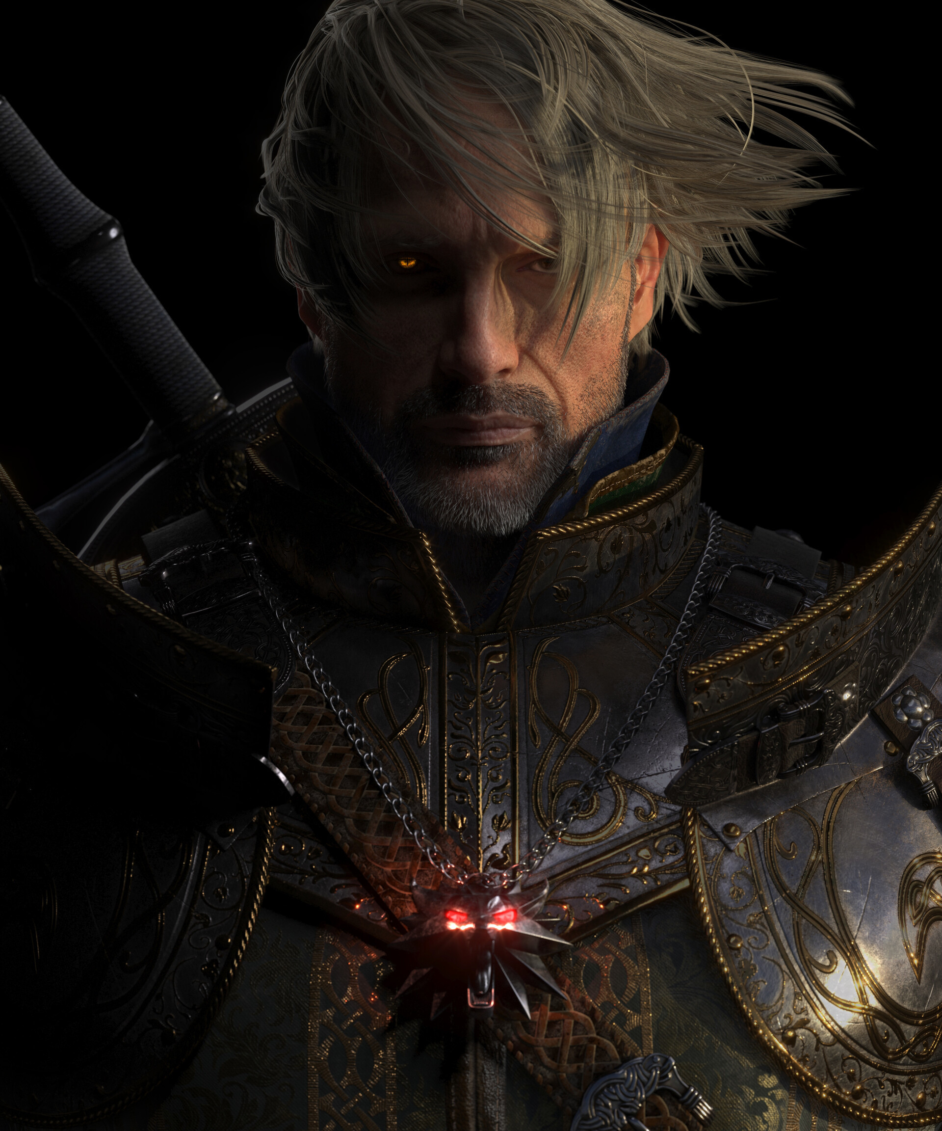 Mads Mikkelsen as Geralt - Art, Render, 3D, 3D modeling, Witcher, Geralt of Rivia, Mads Mikkelsen, Longpost, Actors and actresses