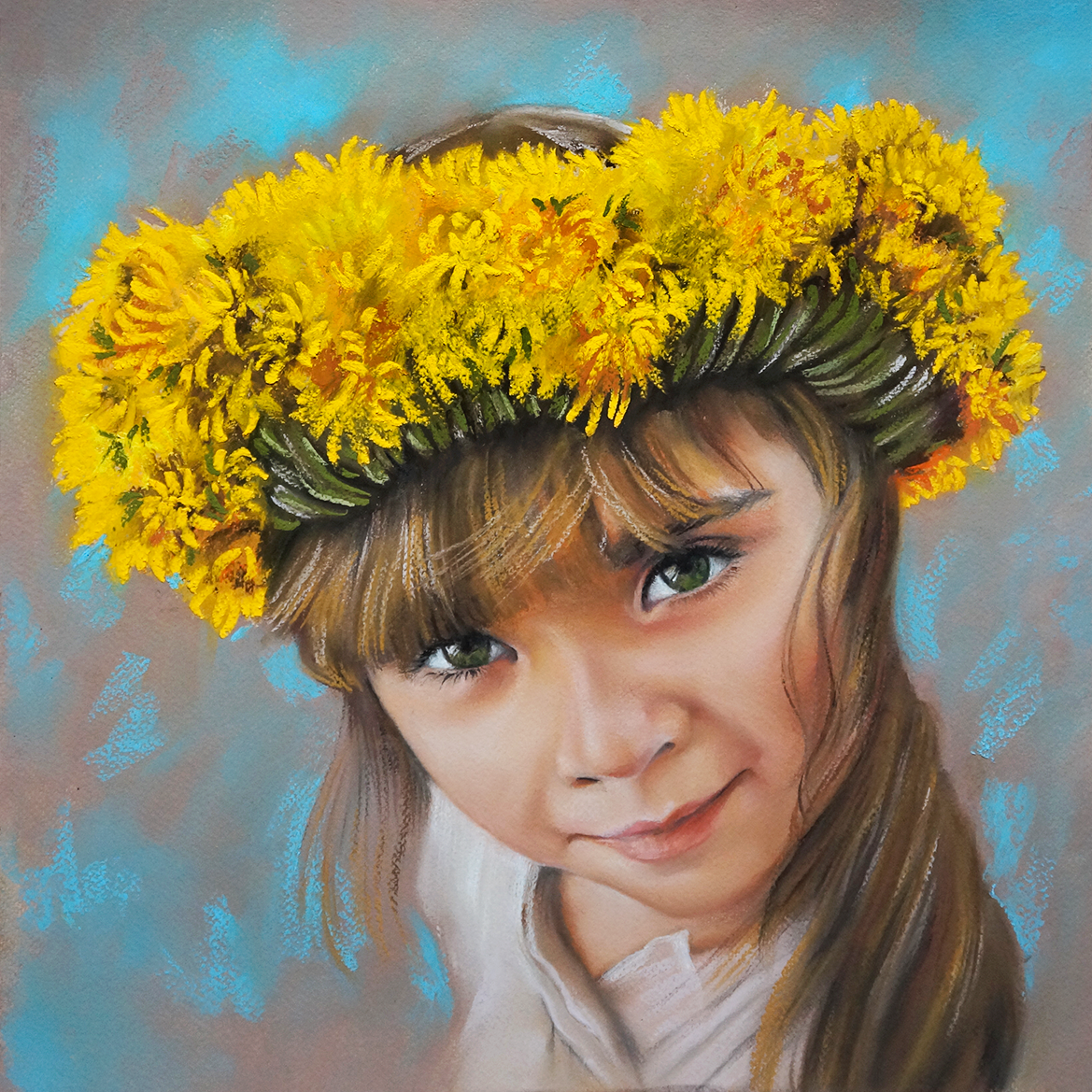 Girl in a Wreath of Dandelions - My, Portrait, Art, Pastel, Children, Pastel crayons, Longpost