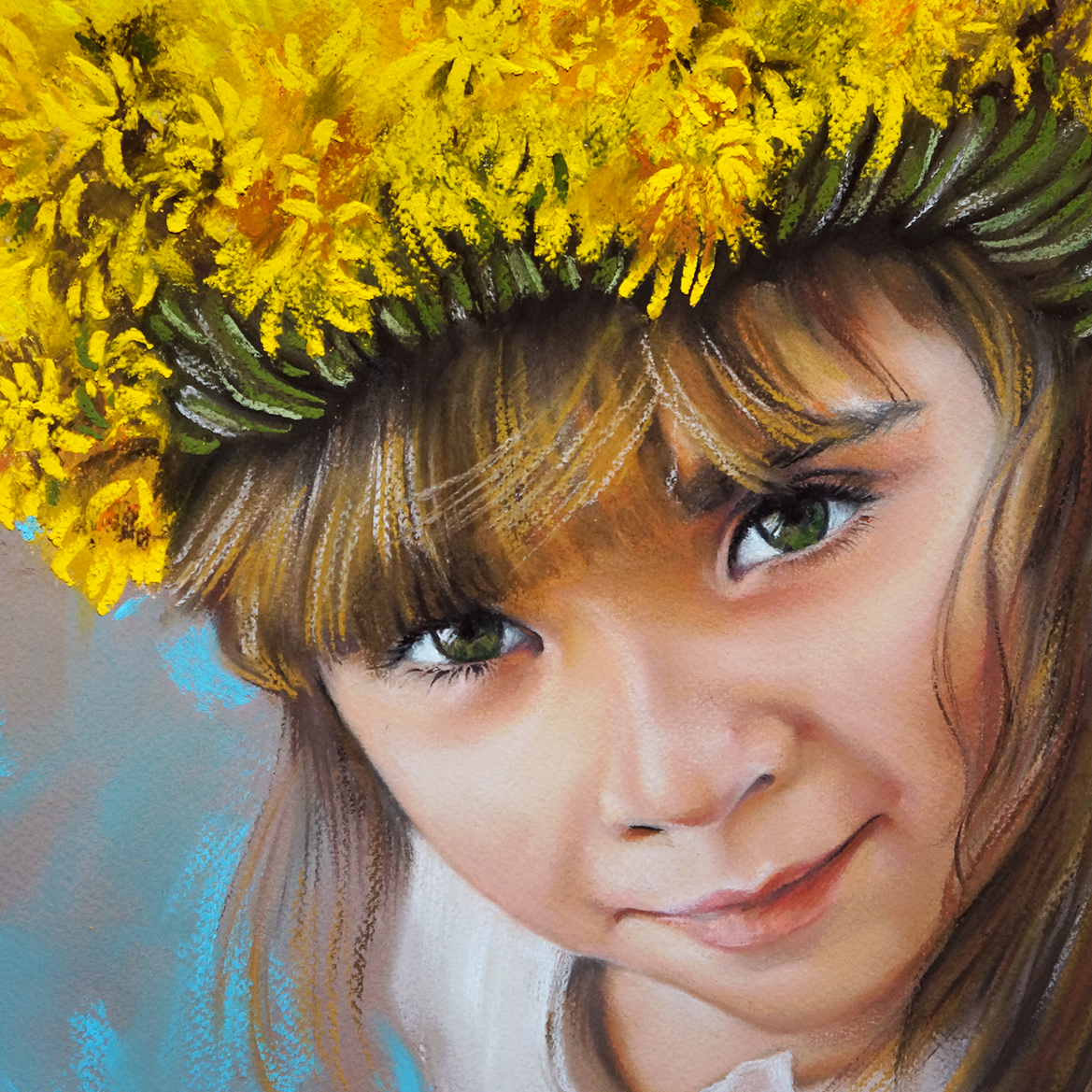 Girl in a Wreath of Dandelions - My, Portrait, Art, Pastel, Children, Pastel crayons, Longpost