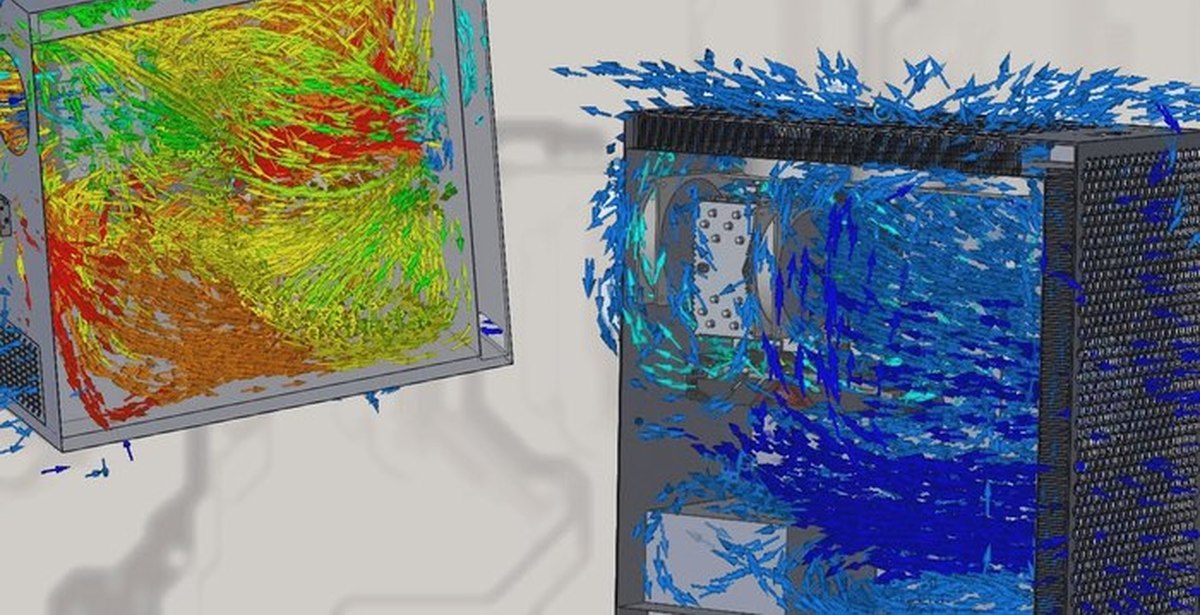Моделирование потоков воздуха. Моделирование воздушных потоков в корпусе компьютера. Охлаждение корпуса ПК. Поток воздуха в корпусе компьютера. Моделирование потоков воздуха в корпусе ПК.